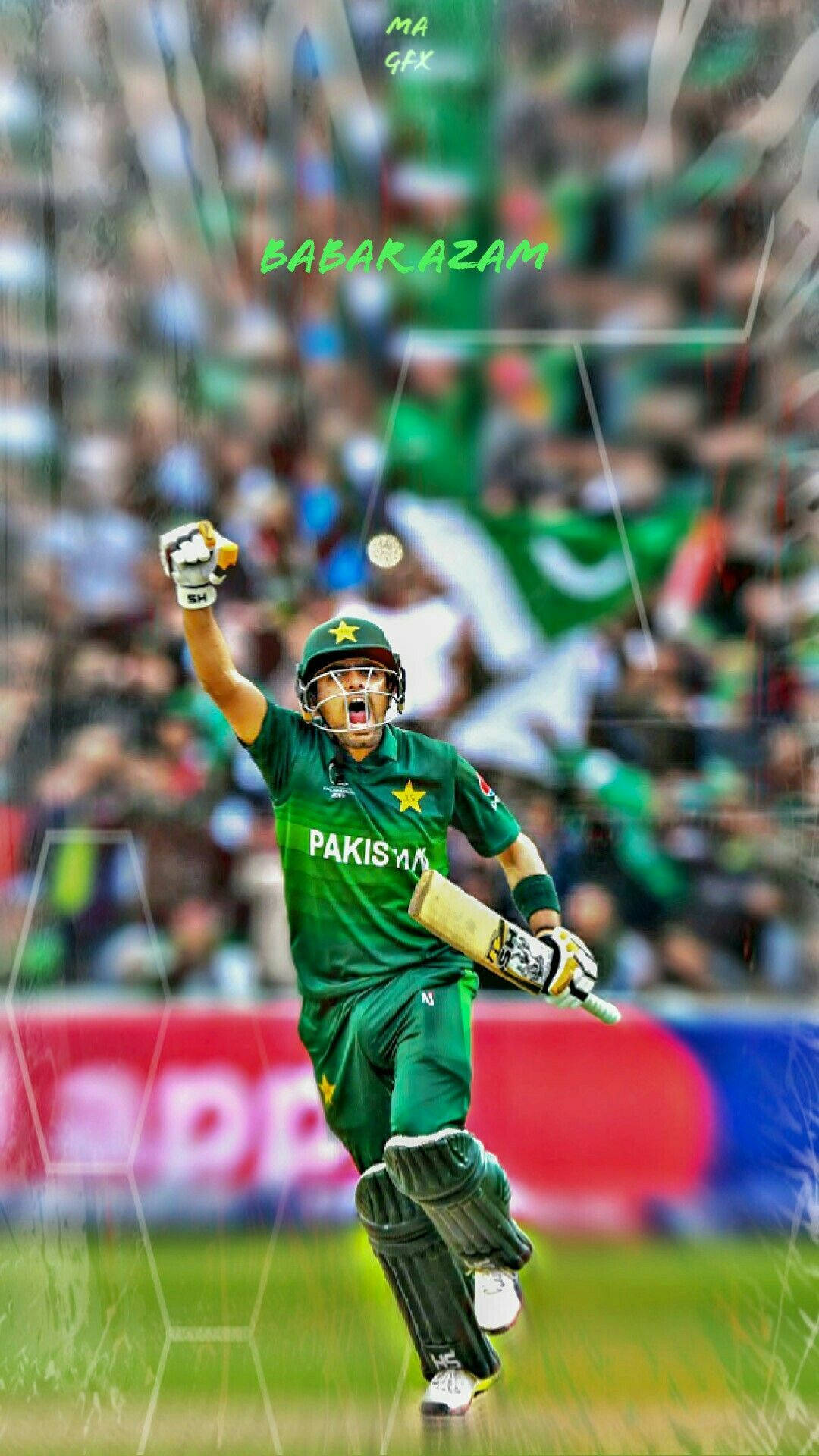 Babar Azam, green Pakistan uniform, bat raised, Full HD Phone Wallpaper