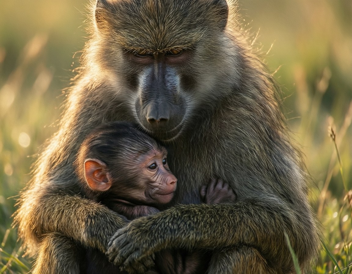 baboon mother, baboon baby, soft light, SD Desktop Wallpaper