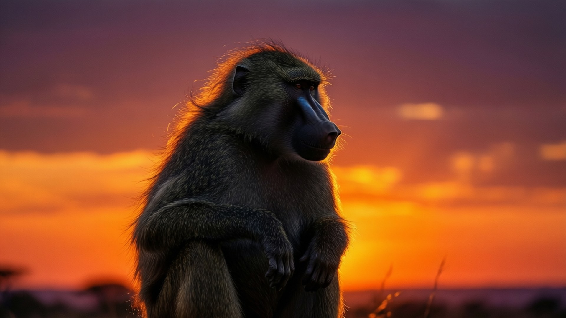 Baboon, Sunset, orange clouds, Full HD Desktop Wallpaper