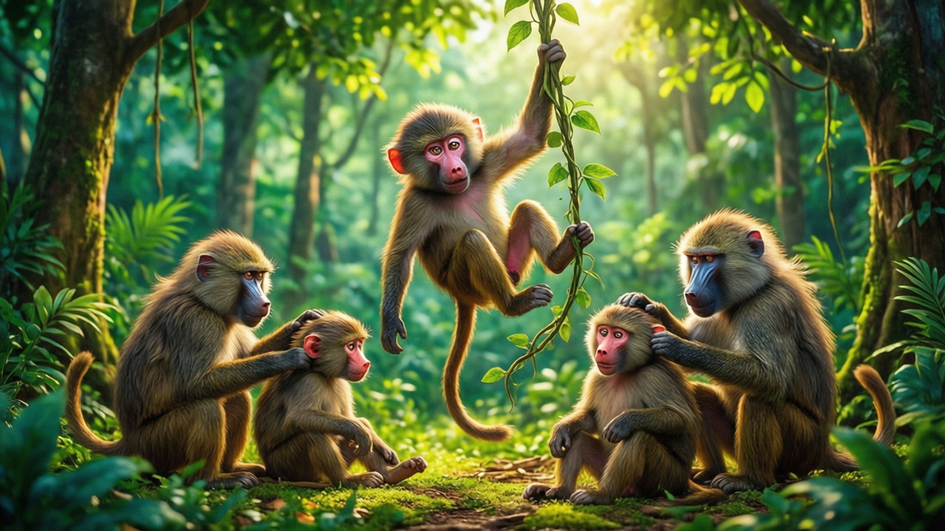 baboons, jungle clearing, sunlit, Full HD Desktop Wallpaper