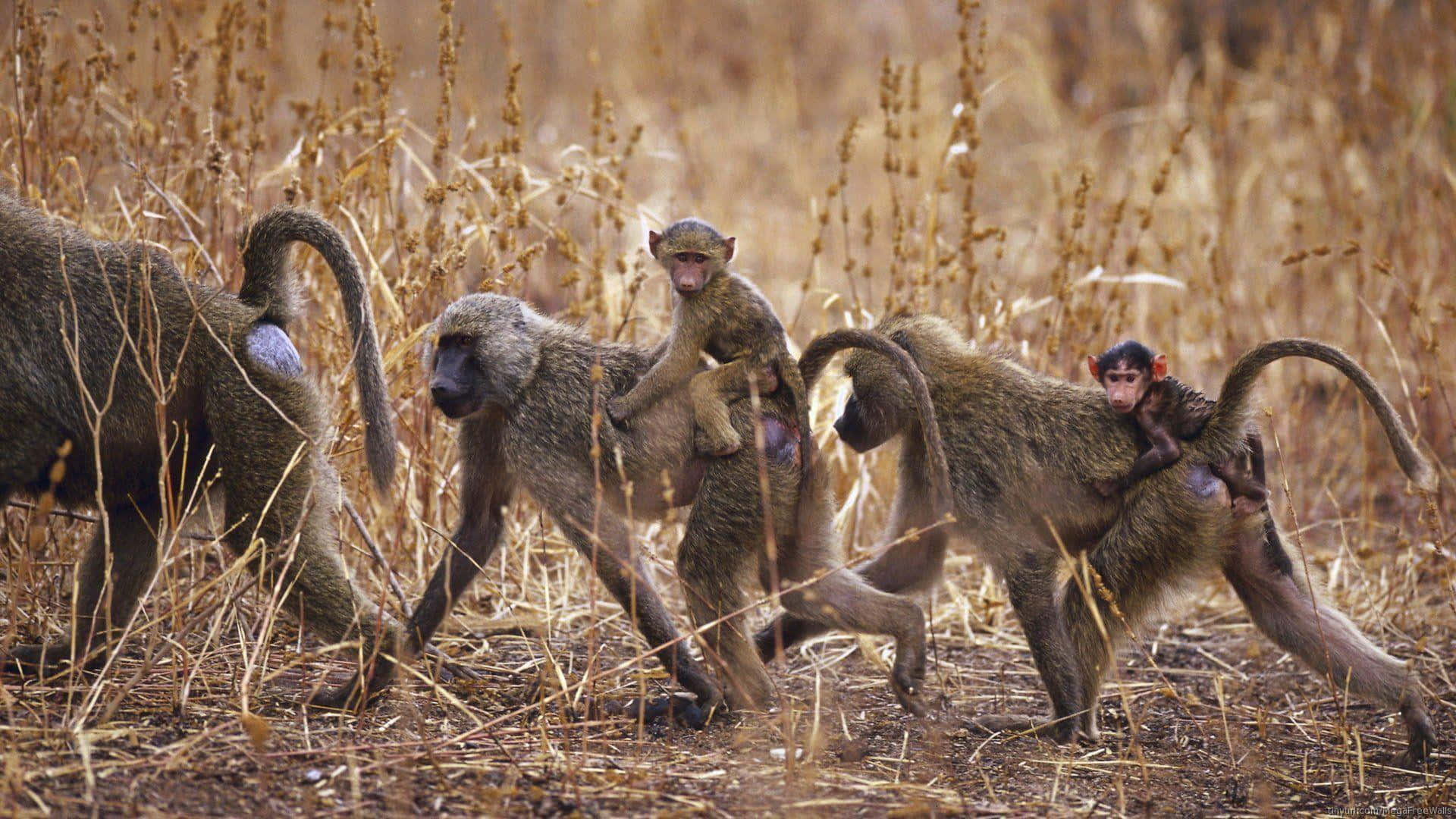 baboon family, infants riding on their backs, dry golden grassland, Full HD Desktop Wallpaper