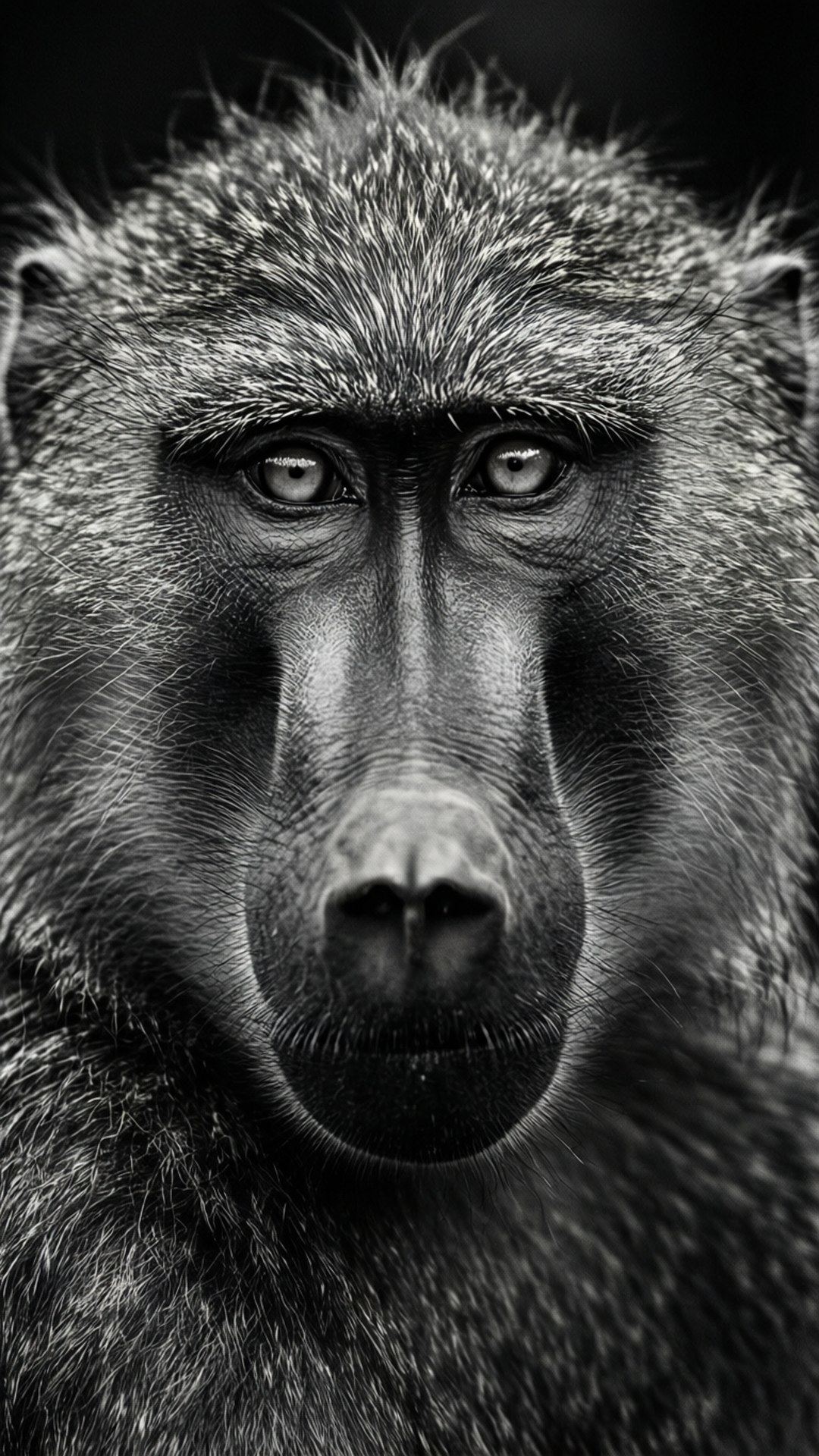 baboon, intense gaze, black and white, Full HD Phone Wallpaper