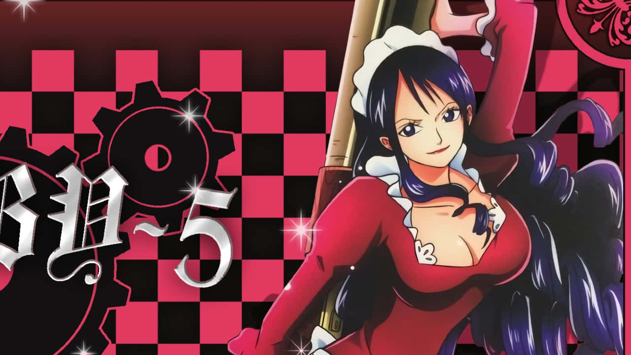 Baby 5, red maid outfit, pink black checkered background, HD Desktop Wallpaper