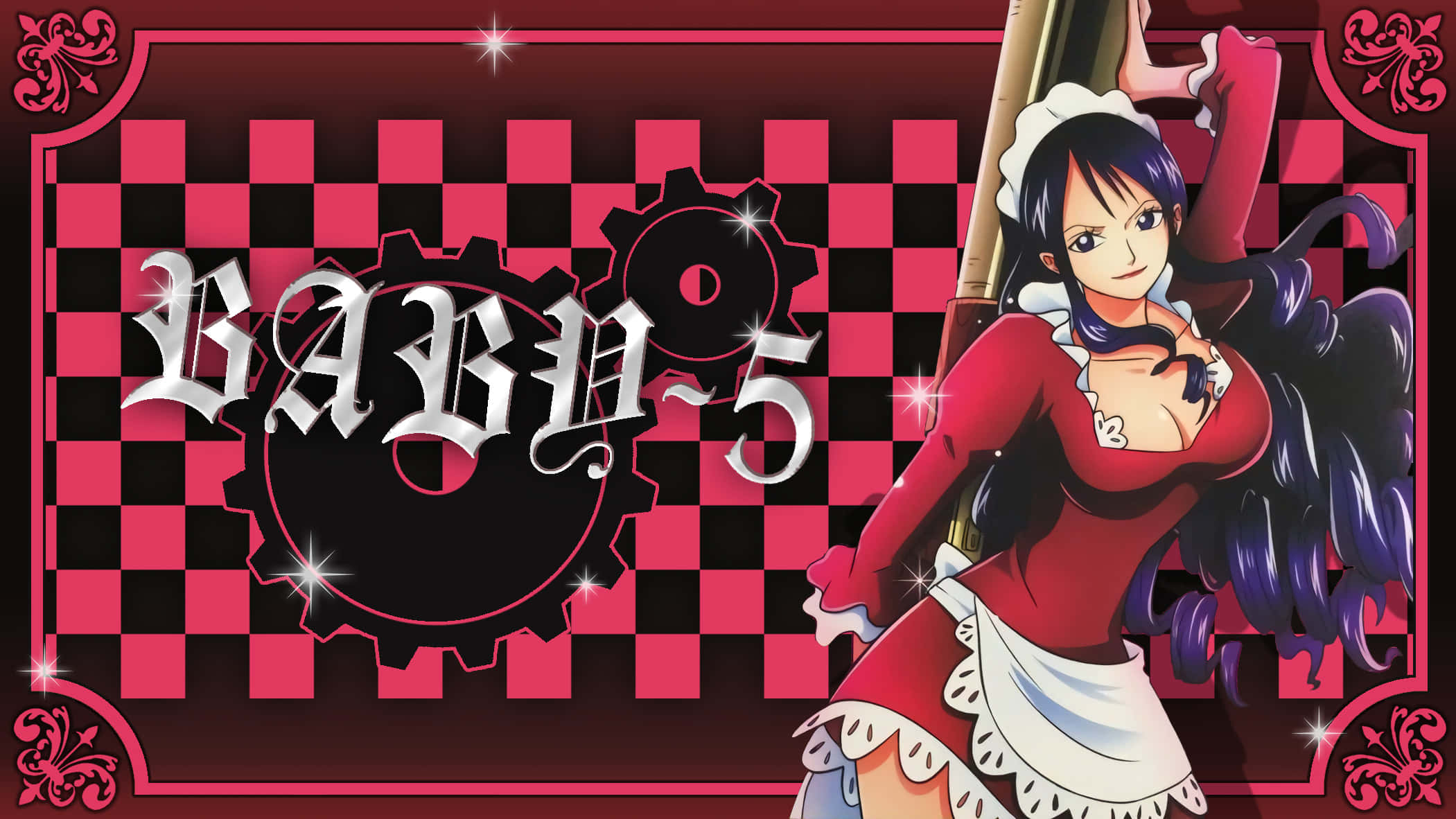 Baby-5, red maid outfit, pink and black checkered background, Full HD Desktop Wallpaper