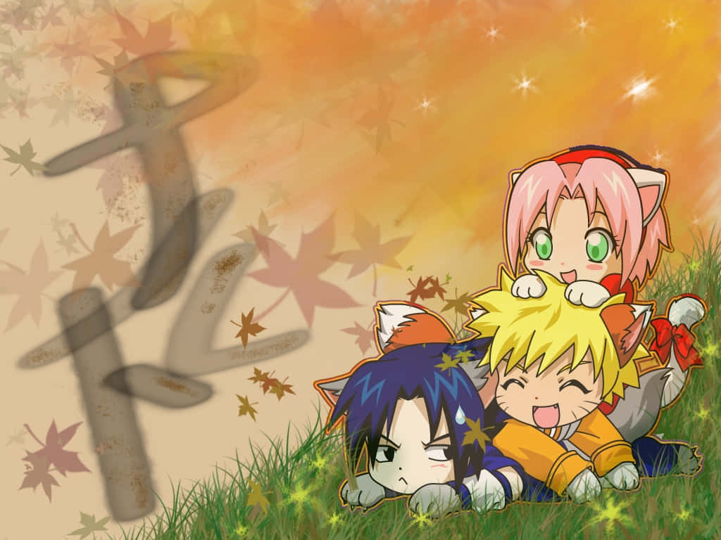 chibi anime characters, cat ears, autumn sky, SD Desktop Wallpaper