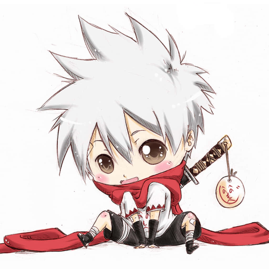 chibi anime boy, spiky white hair, red scarf, SD Desktop Wallpaper