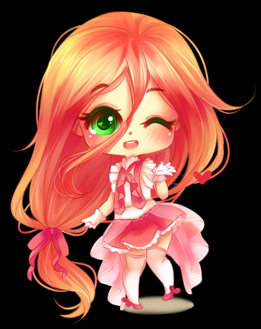chibi anime girl, fiery orange hair, one green eye, SD Phone Wallpaper