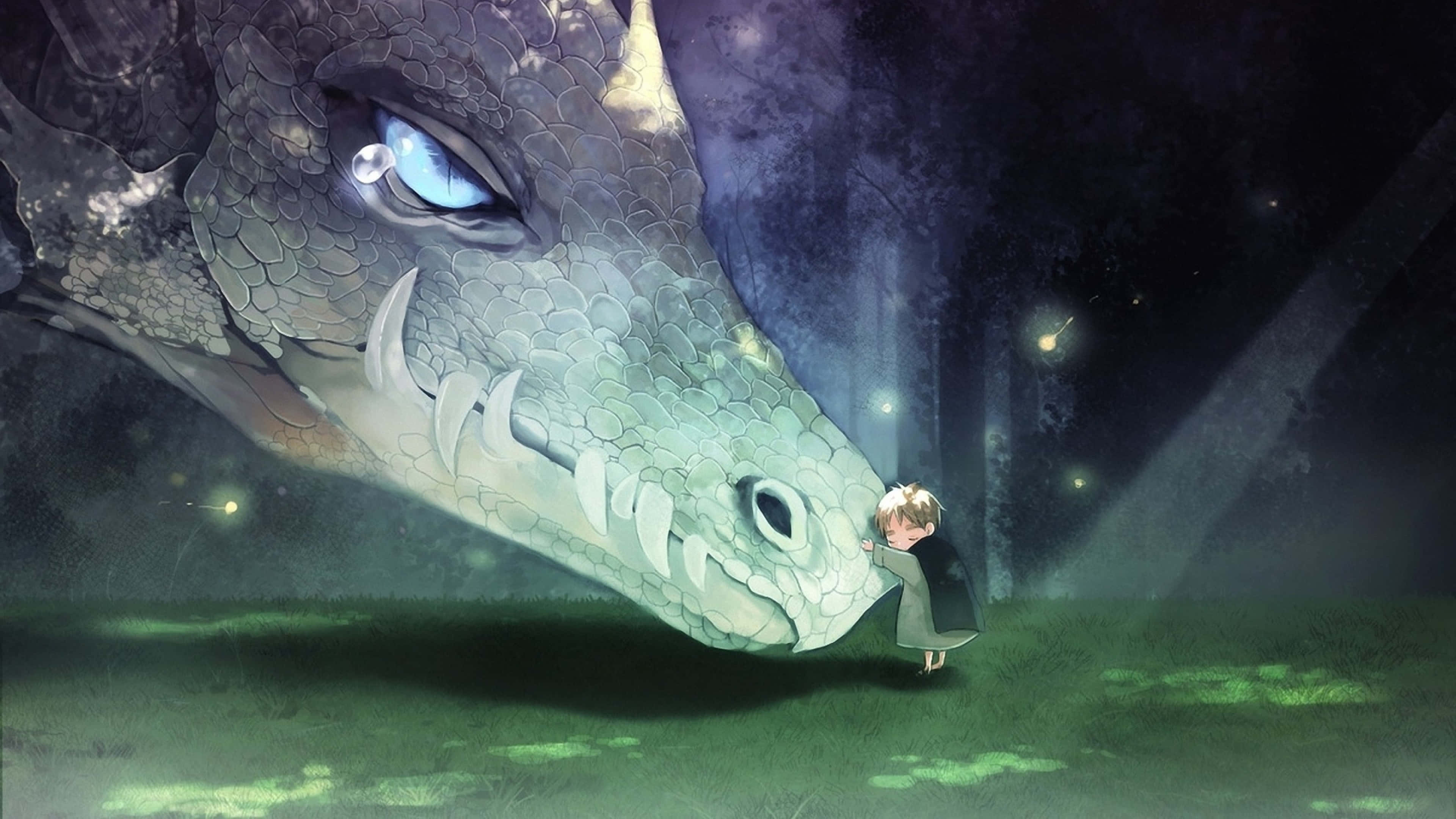 Baby Anime, green robe, colossal serene dragon, 4K Desktop Wallpaper