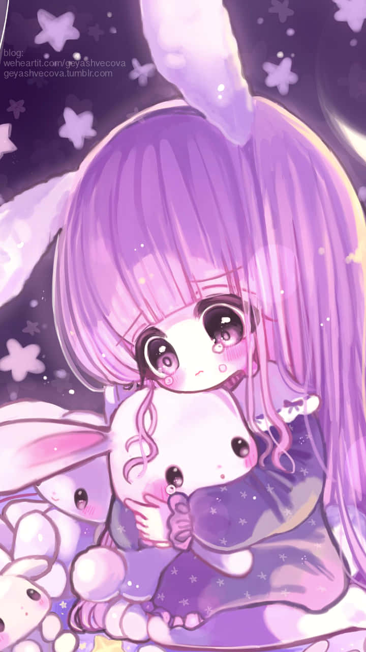 Baby Anime, purple hair, plush rabbit, HD Phone Wallpaper