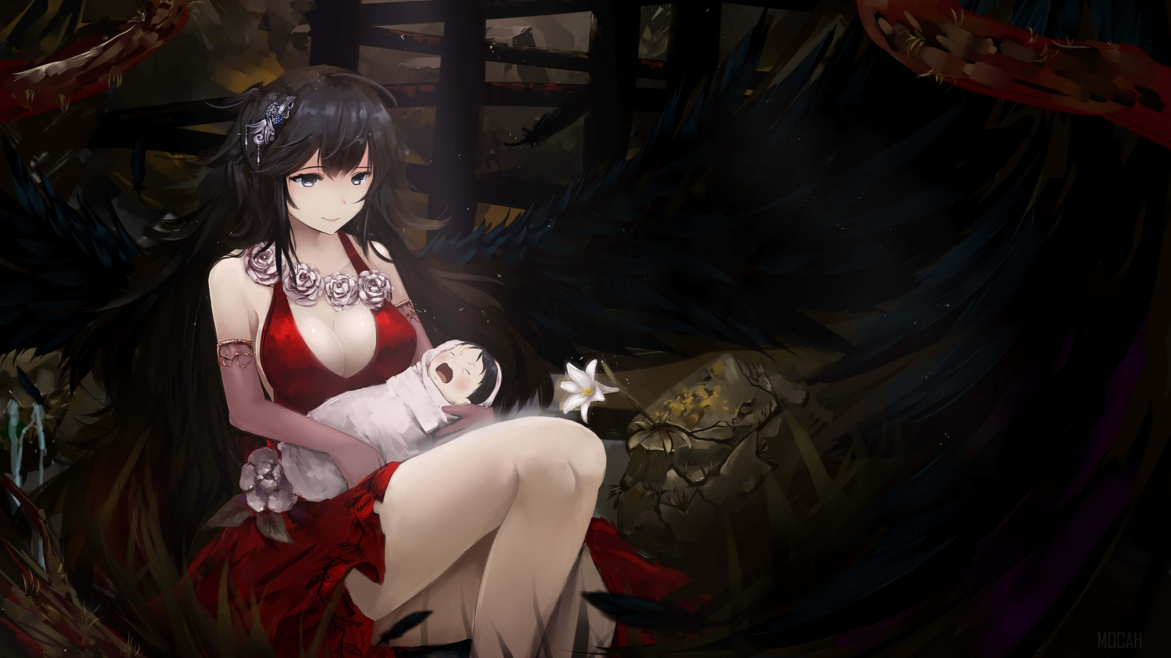 Baby Anime, dark-winged anime girl, red dress, 4K Desktop Wallpaper