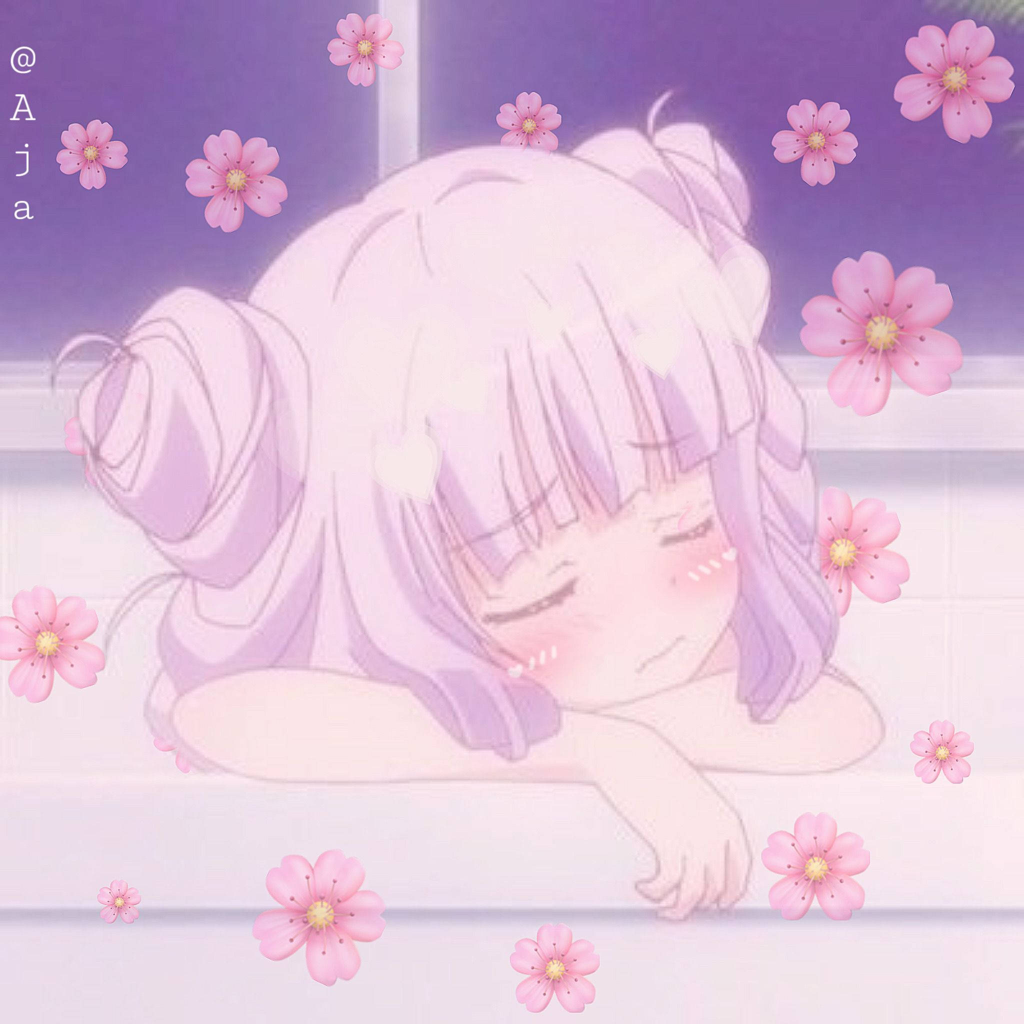 anime girl, lavender hair, pink cherry blossoms, Full HD Desktop Wallpaper