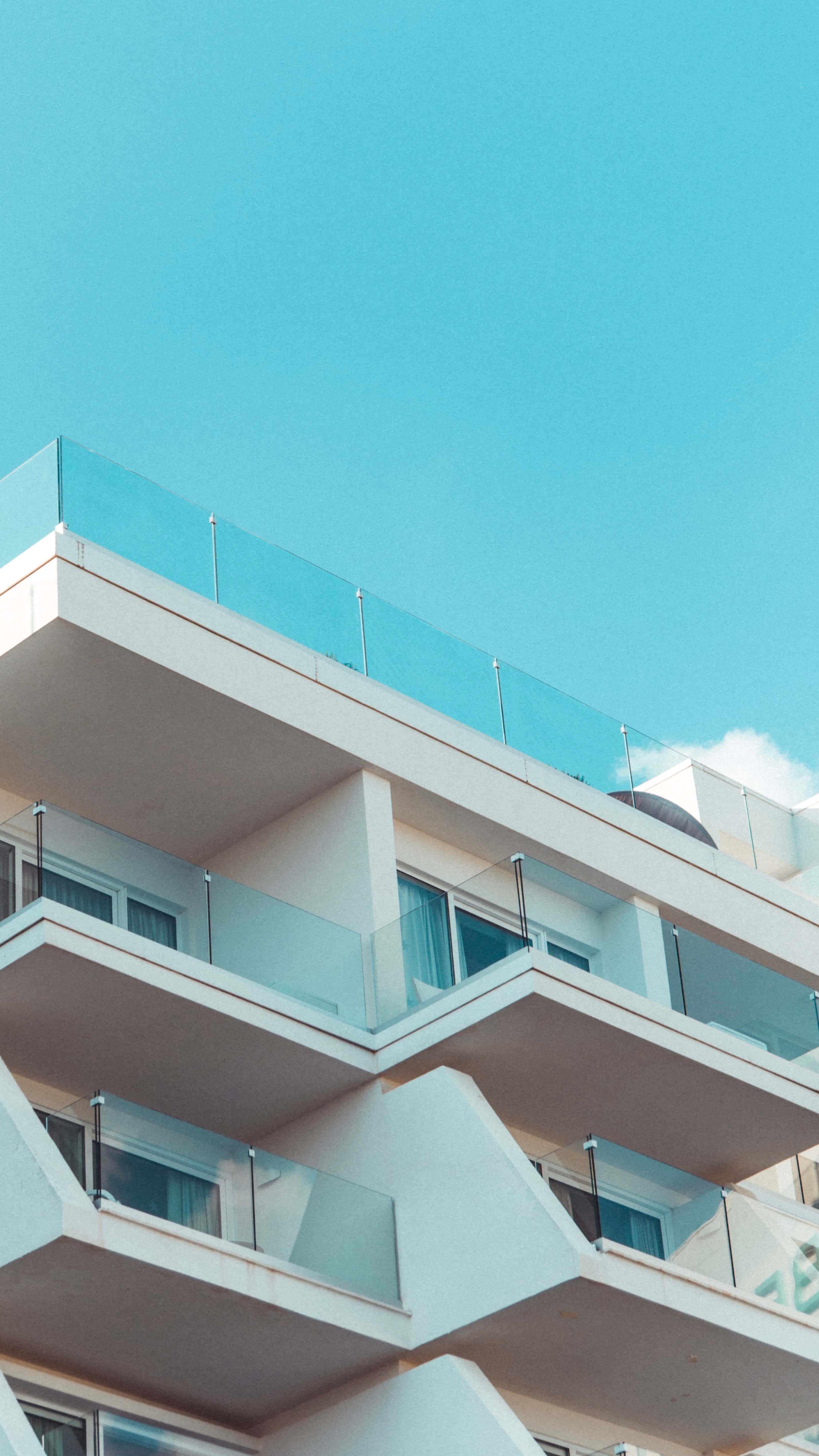Baby Blue Light Blue Aesthetic, apartment complex buildings, modern white apartment building, 4K Phone Wallpaper