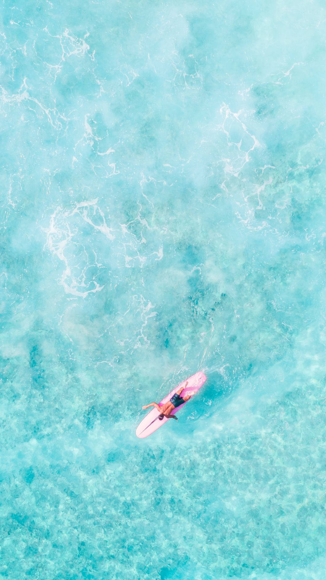 Baby Blue Sea, pink surfboard, turquoise ocean water, Full HD Phone Wallpaper