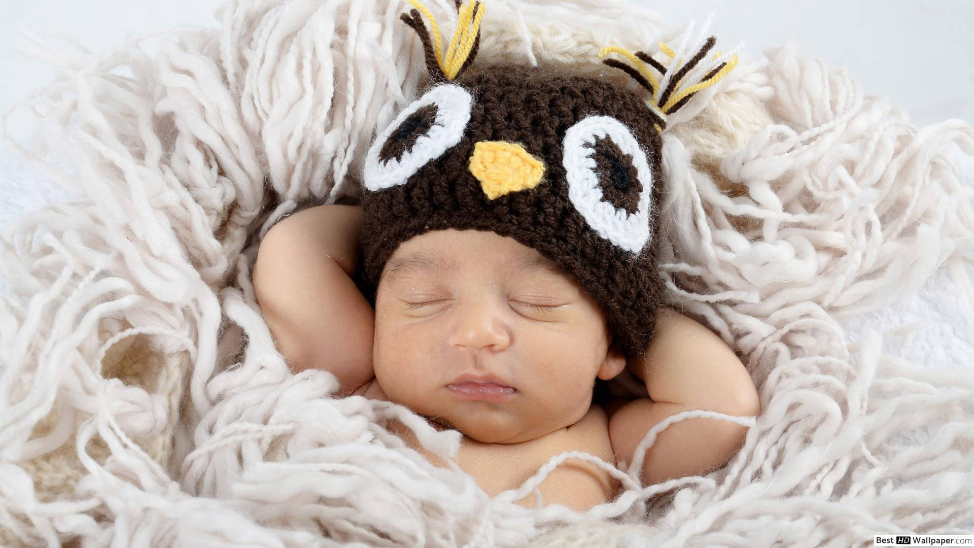 brown crocheted owl hat, fluffy white yarn, newborn baby, Full HD Desktop Wallpaper