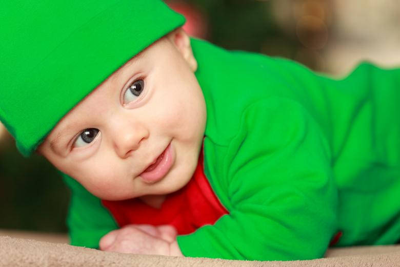 baby boy, bright green elf costume, soft carpet, SD Desktop Wallpaper