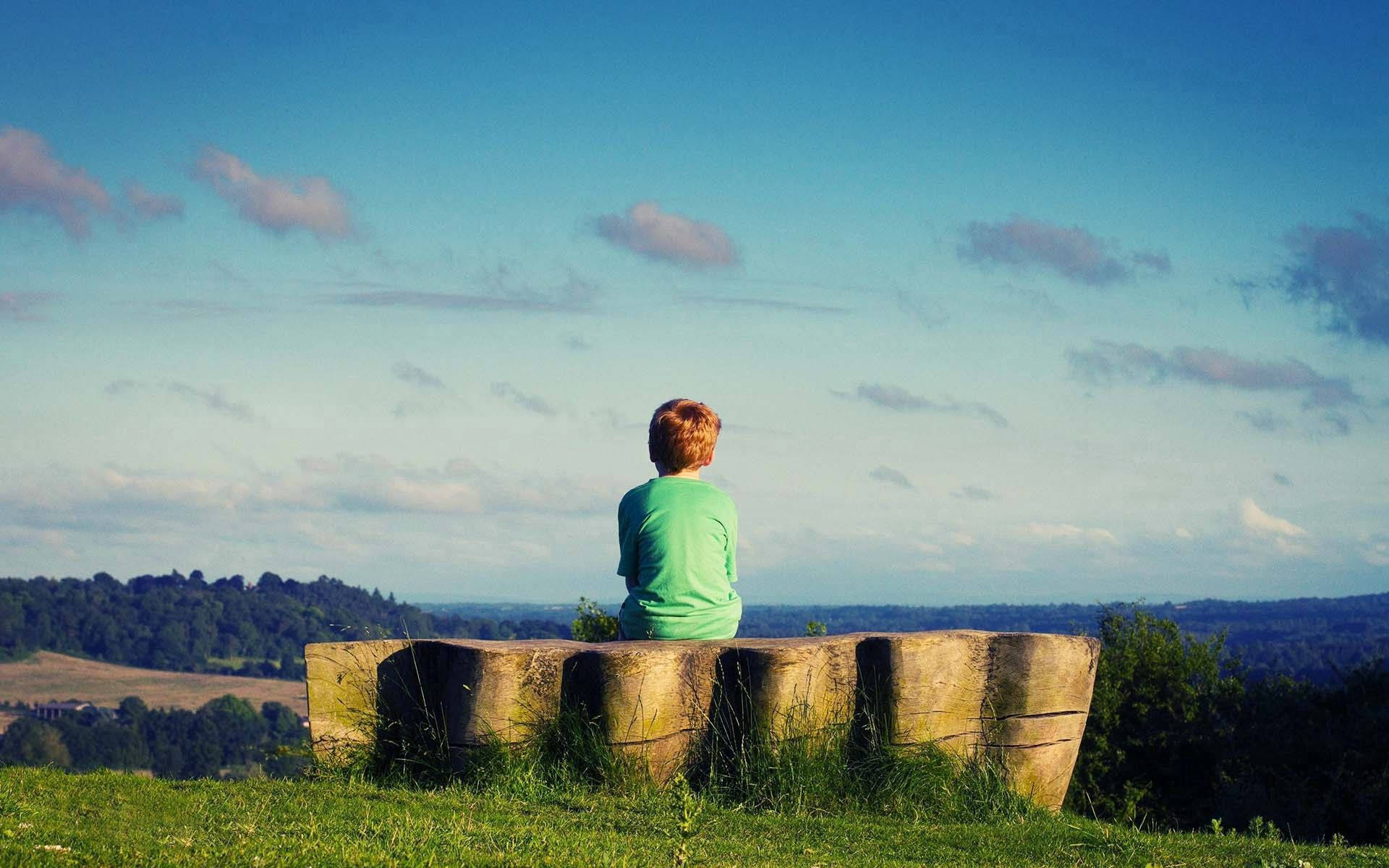 baby boy, stone bench, green shirt, Full HD Desktop Wallpaper