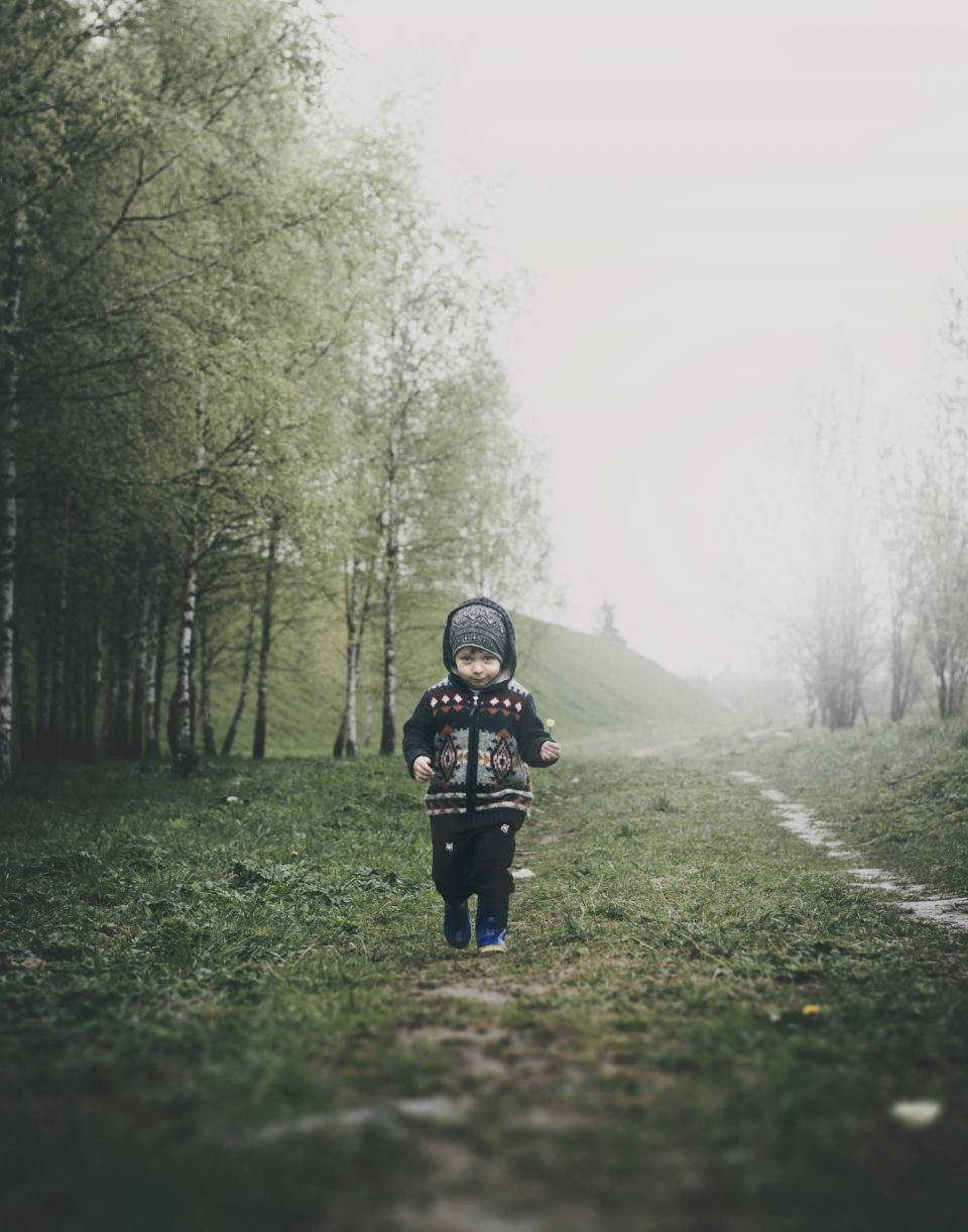 Baby Boy, grassy landscape, misty forest path, SD Phone Wallpaper