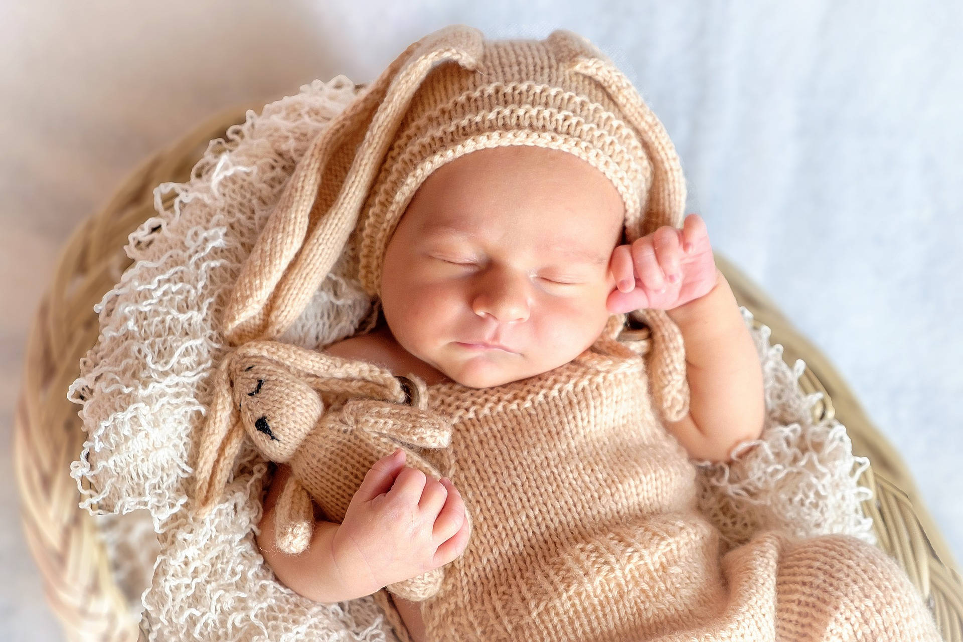 baby bunny, woven basket, beige knitwear, Full HD Desktop Wallpaper