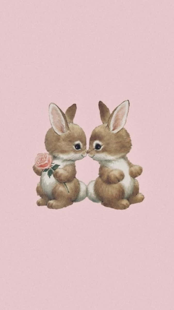 Adorable Bunny Pair With Rose.jpg, brown and white rabbits, soft pink background, SD Phone Wallpaper