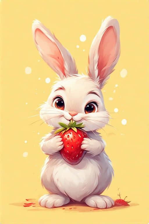 cute cartoon bunny, strawberry, fluffy white bunny, SD Phone Wallpaper
