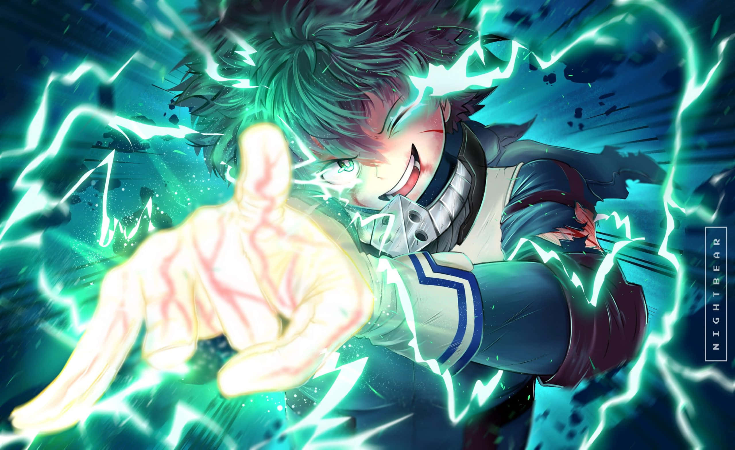 Baby Deku, glowing green electricity, dark cosmic backdrop, 2K Desktop Wallpaper