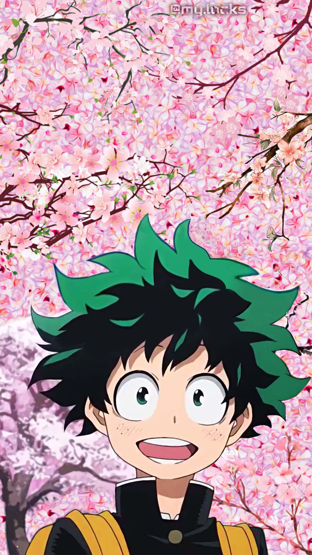 Baby Deku, spiky green and black hair, pink cherry blossoms, Full HD Phone Wallpaper