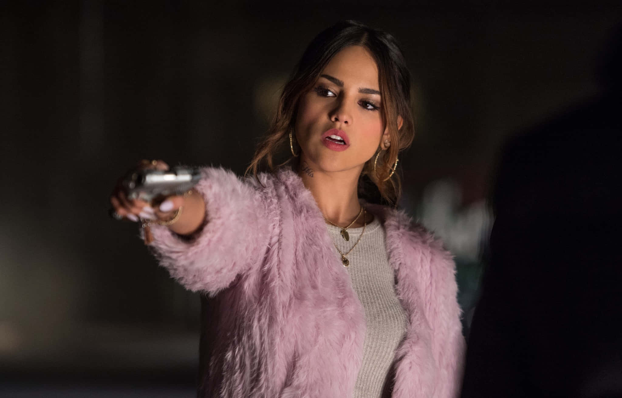 Baby Driver, pink fur coat, gun, Full HD Desktop Wallpaper