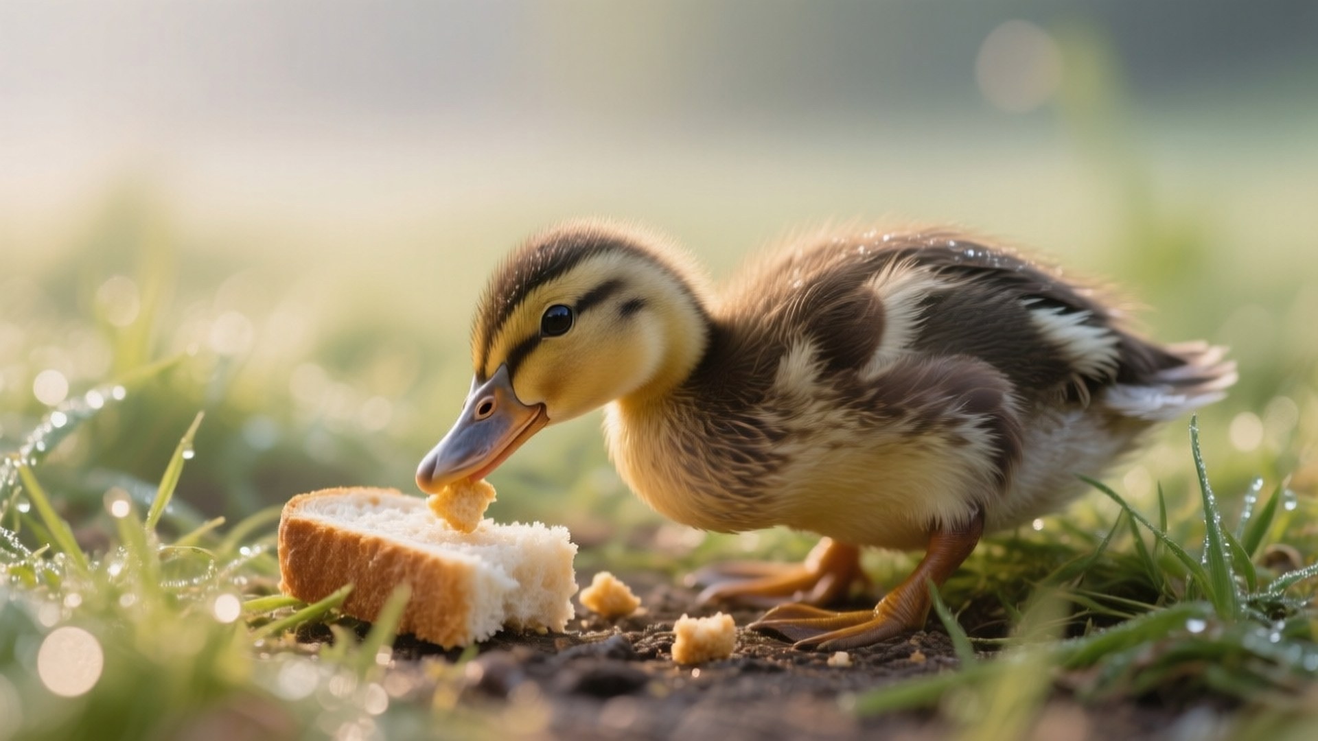 duckling, brown and yellow feathers, dewy grass, Full HD Desktop Wallpaper