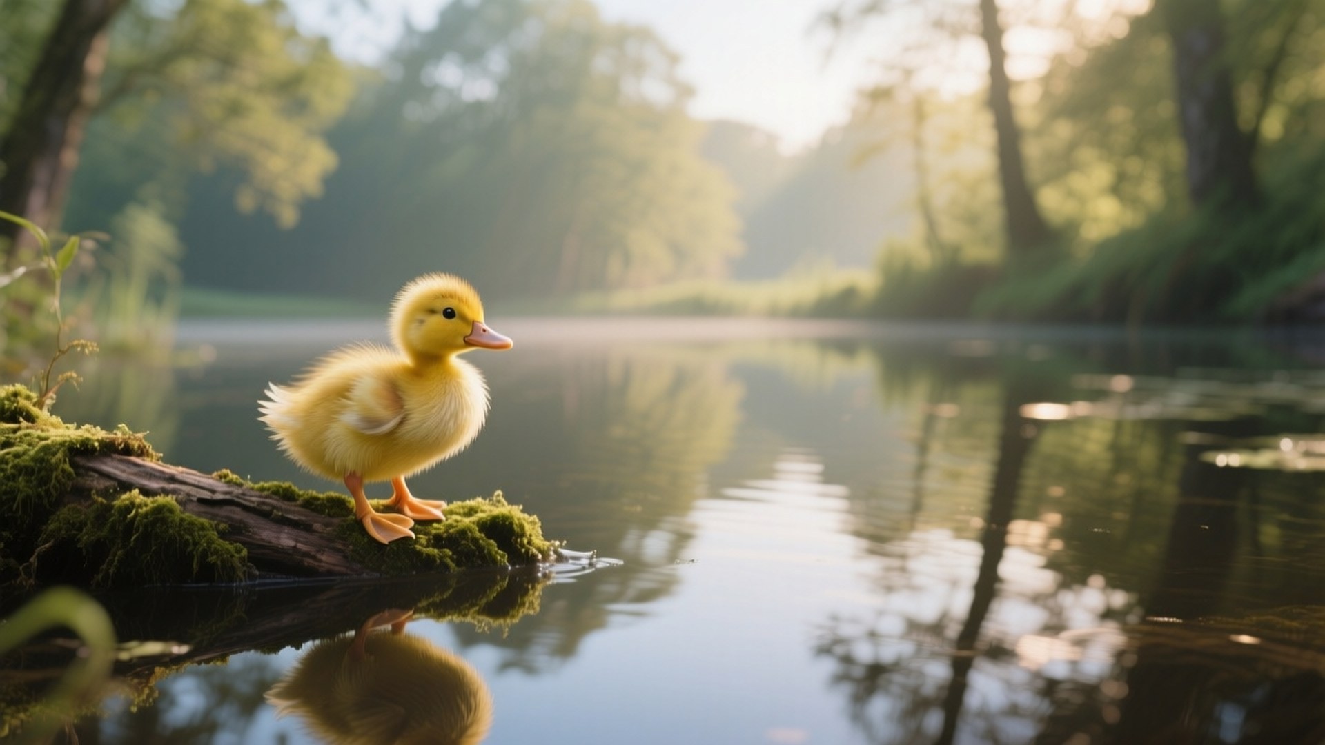 morning pond duckling, fluffy yellow duckling, mossy log, Full HD Desktop Wallpaper