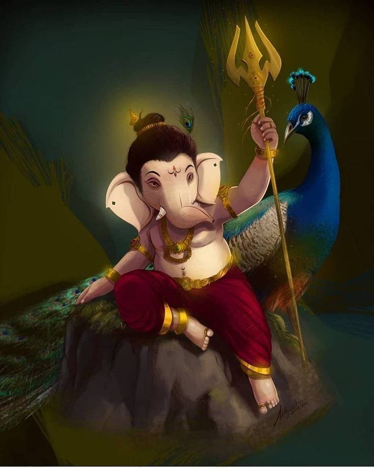 Baby Ganesh, peacock, red robes, SD Phone Wallpaper