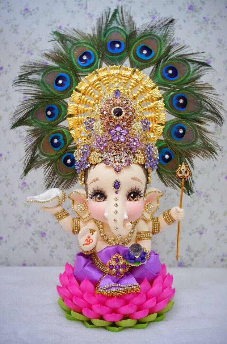 Baby Ganesh, peacock feathers, jewels, SD Phone Wallpaper