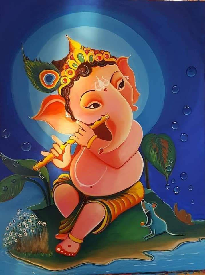 Baby Ganesh, flute, lotus leaf, SD Phone Wallpaper