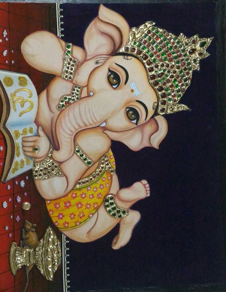 Baby Ganesh, jeweled crown, yellow floral dhoti, SD Phone Wallpaper