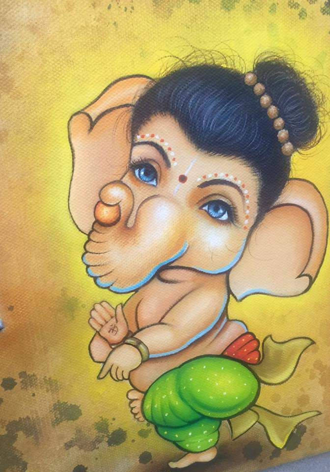 Baby Ganesh, blue eyes, dark hair in a bun, SD Phone Wallpaper
