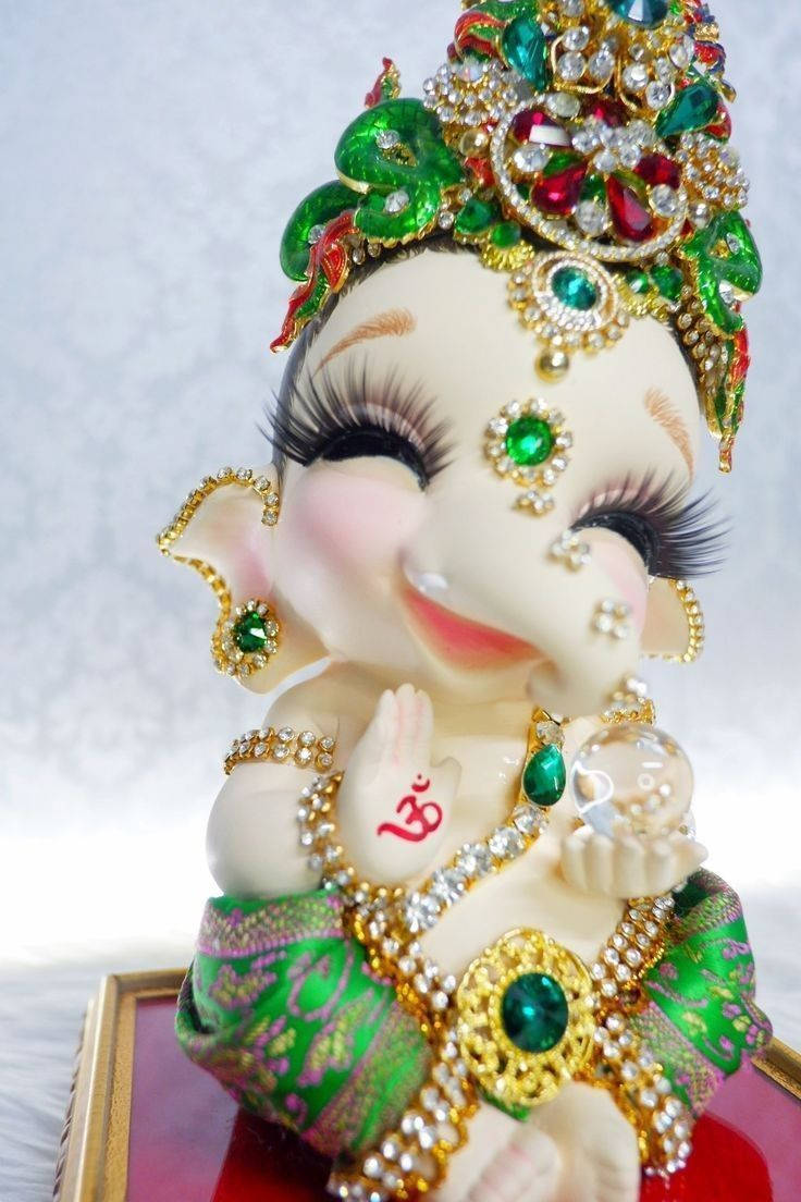 Baby Ganesh, jeweled green crown, gold jewelry, SD Phone Wallpaper