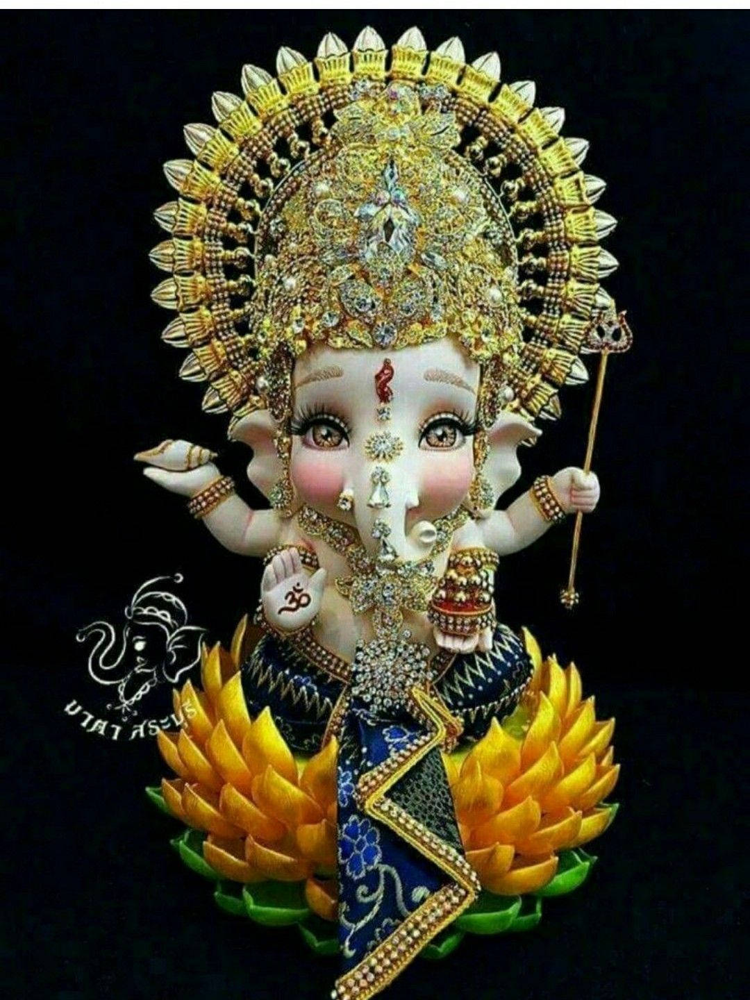 Baby Ganesh, golden crown, blue floral attire, HD Phone Wallpaper