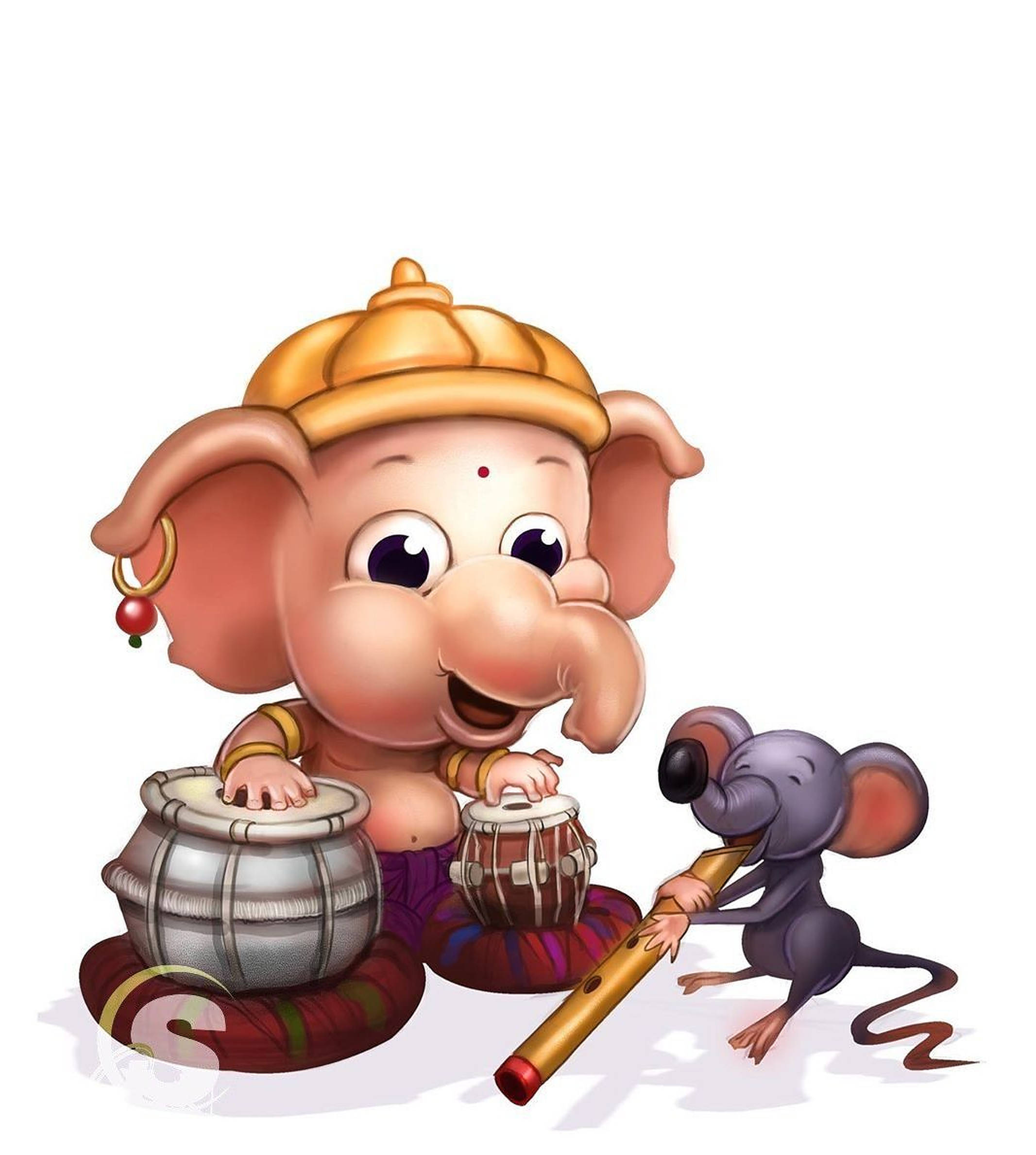 Baby Ganesh, rat drum, golden crown, Full HD Phone Wallpaper