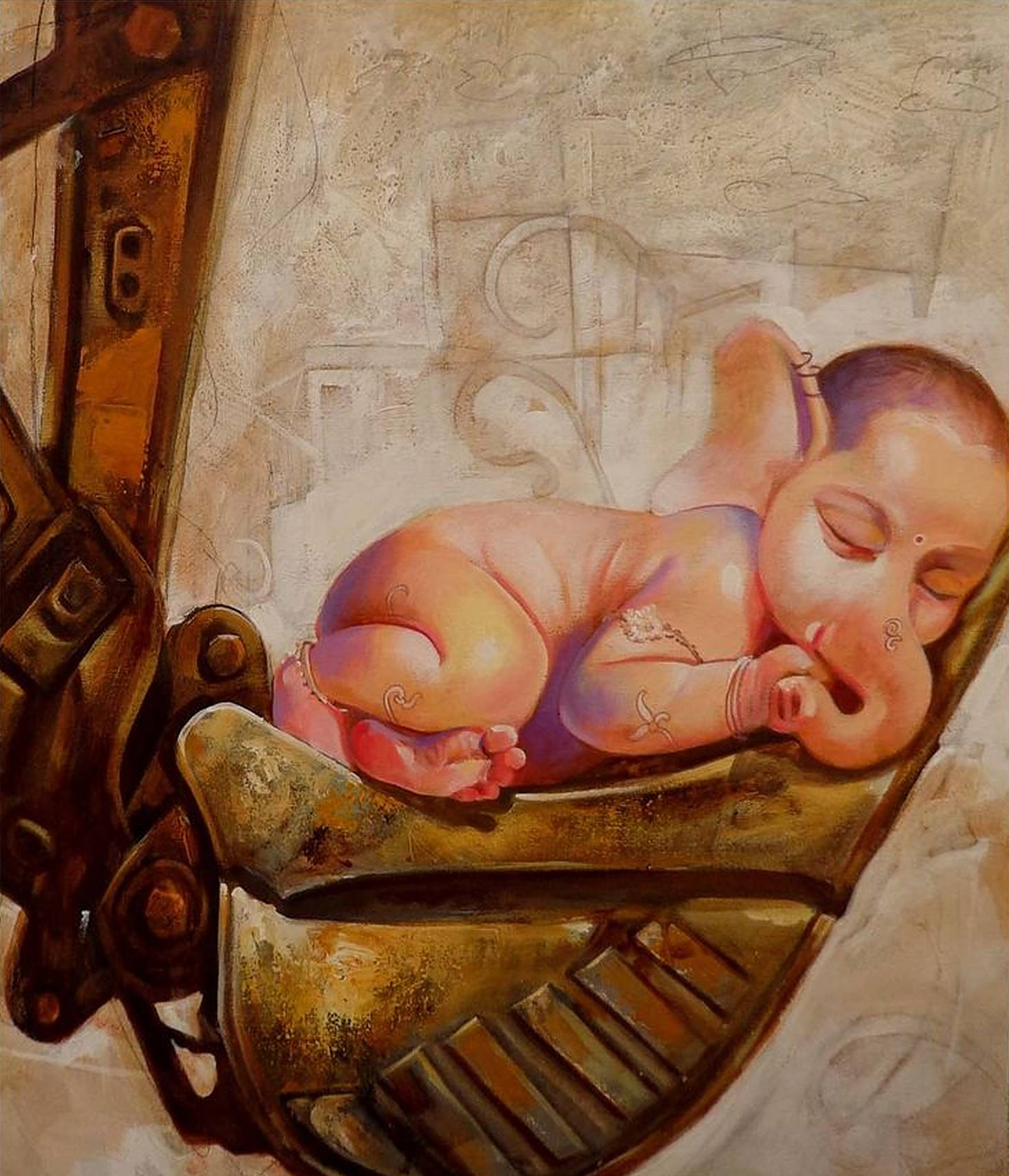 Baby Ganesh, golden mechanical arm, warm earthy tones, HD Phone Wallpaper