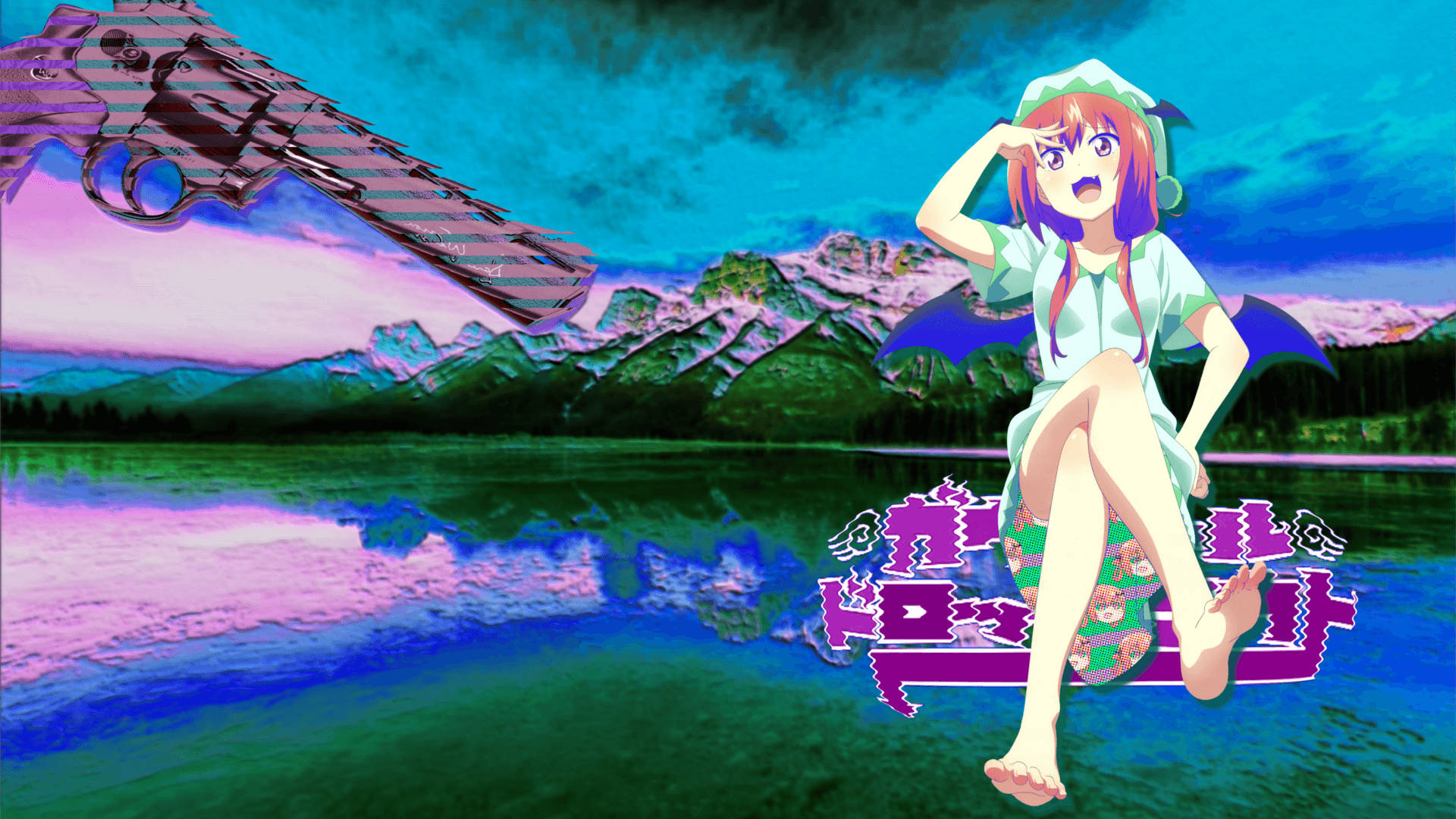 anime girl, bat wings, lake shore, Full HD Desktop Wallpaper