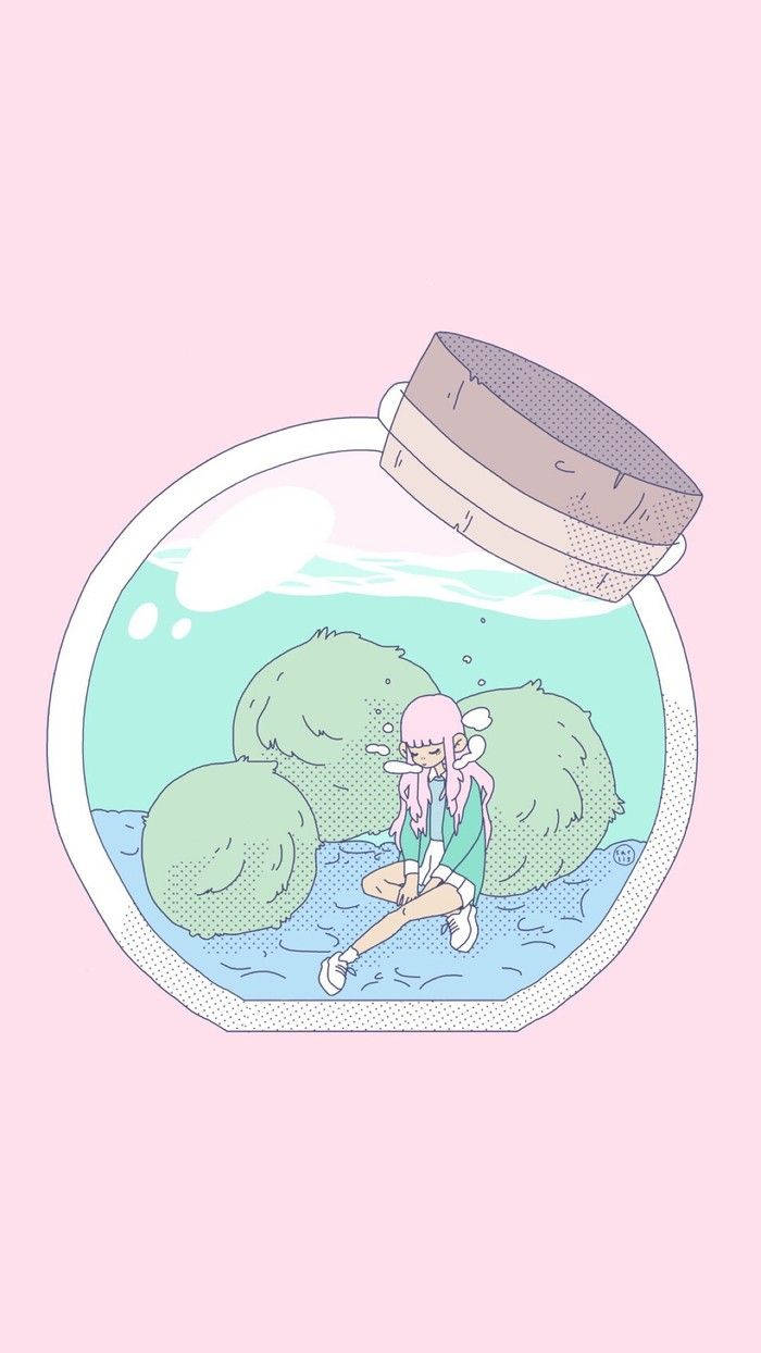 pink-haired anime girl, fishbowl, mossy rocks, SD Phone Wallpaper
