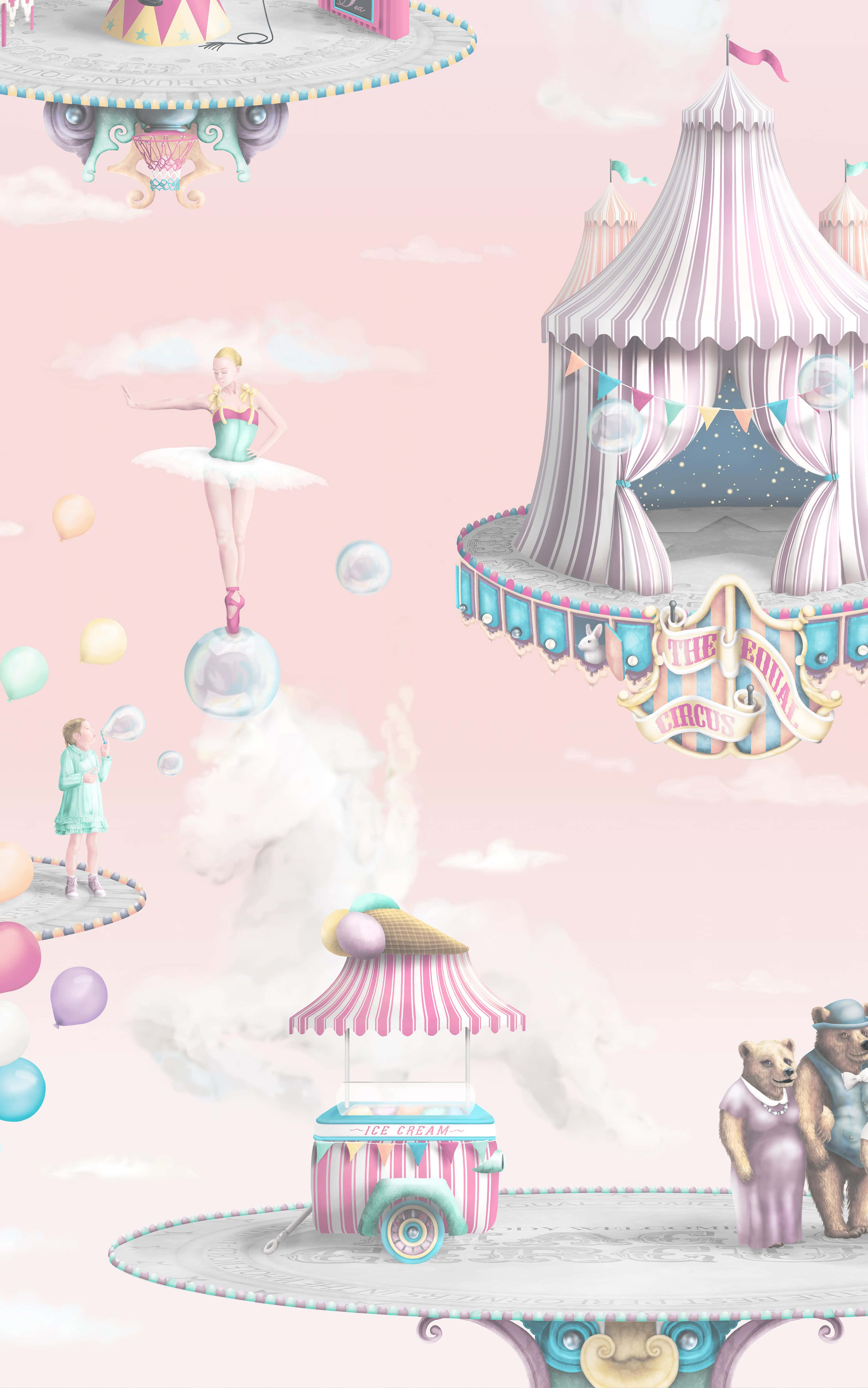 pink and white circus scene, striped tents, ice cream cart, 4K Phone Wallpaper