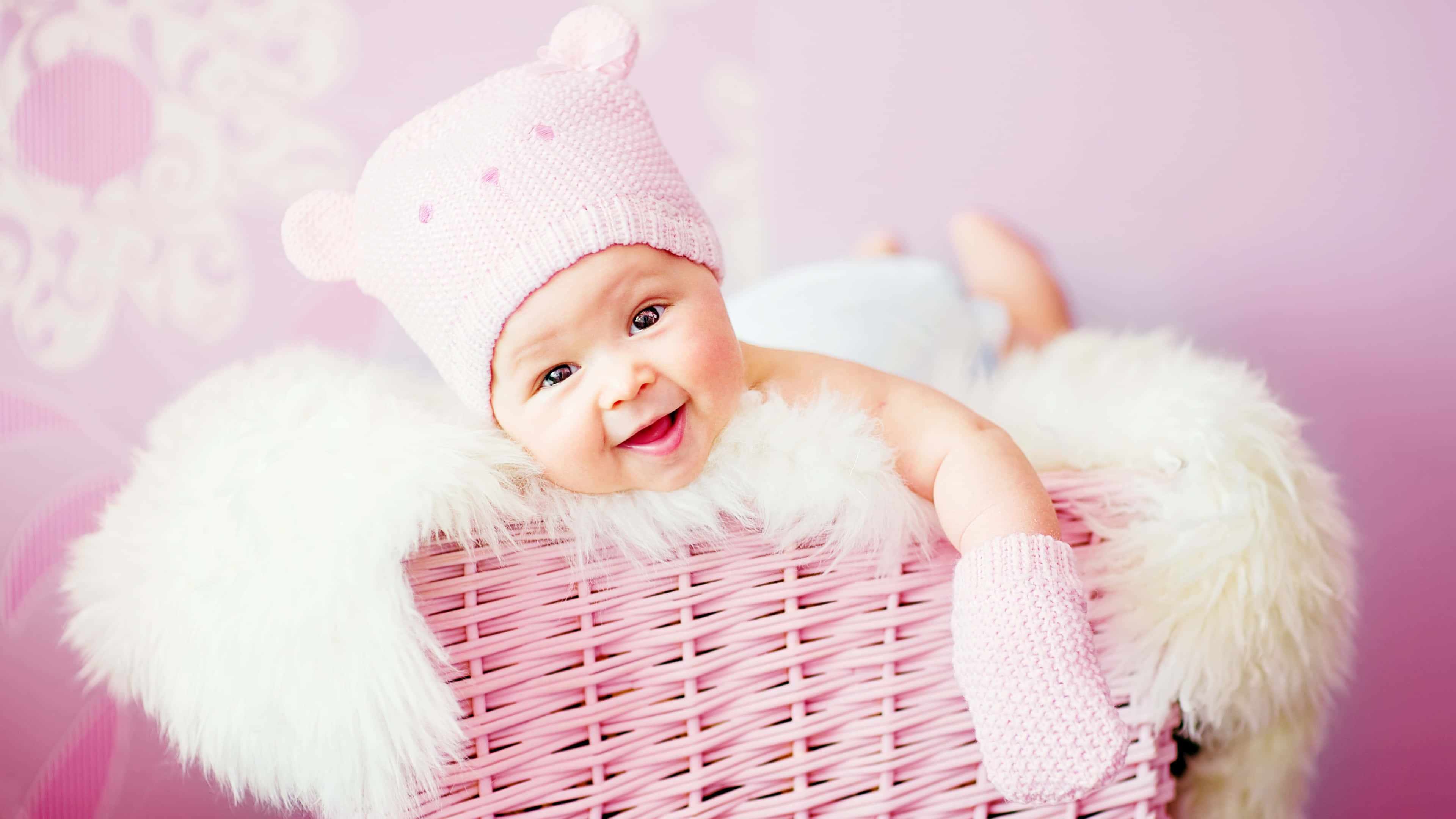 baby girl, pink knit bear hat, fluffy pink wicker basket, 4K Desktop Wallpaper