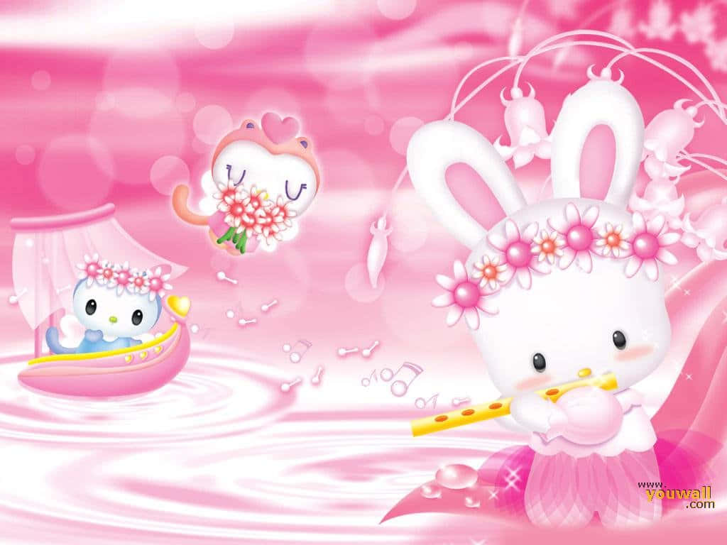 baby girl, pink dress, bunny playing flute, SD Desktop Wallpaper