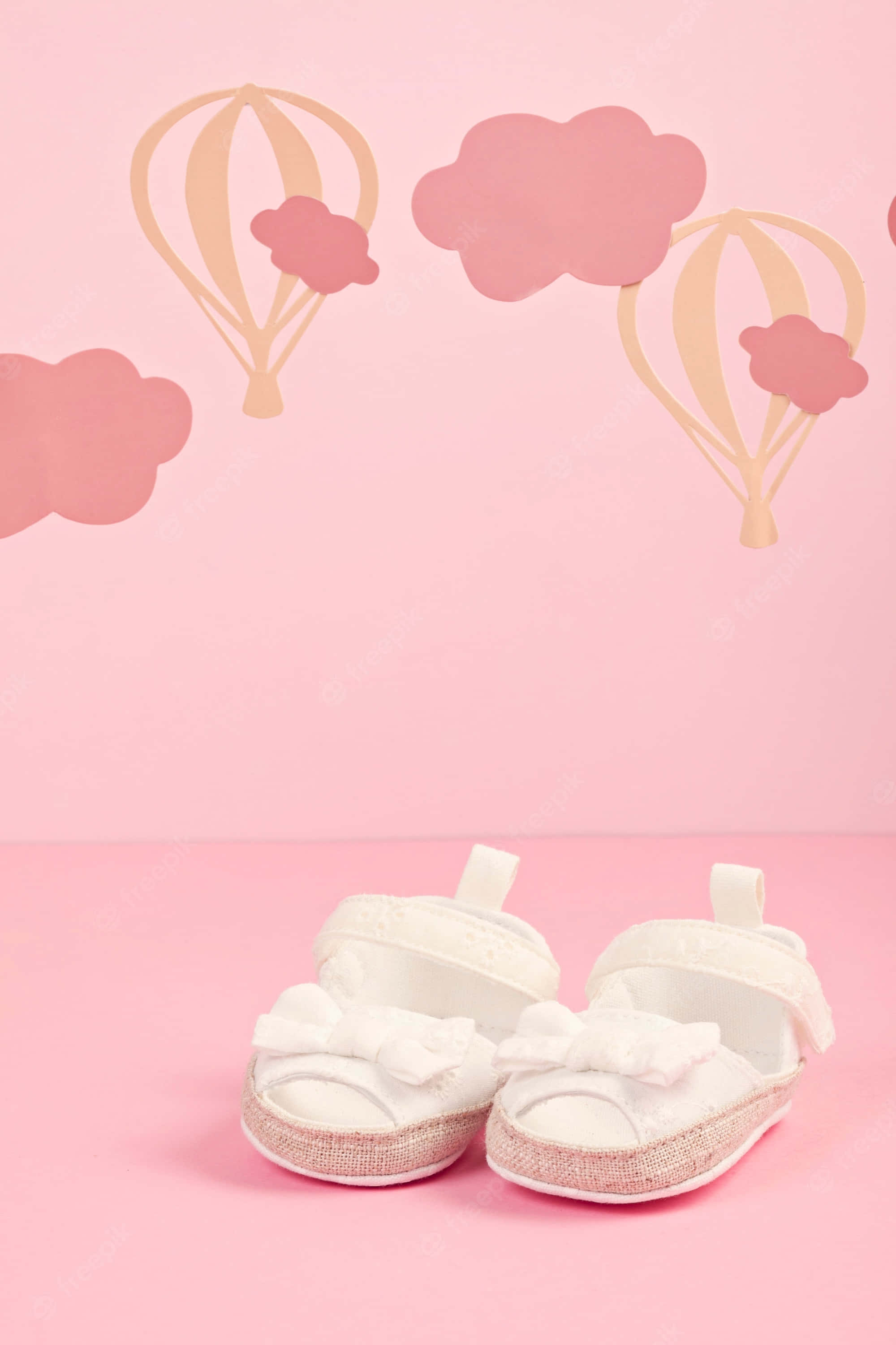 baby shoes, hot air balloons, pink background, 2K Phone Wallpaper