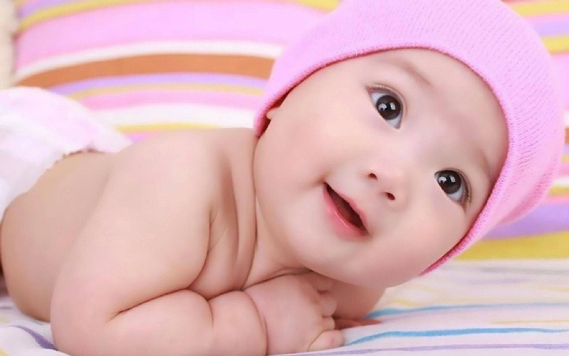 pink knit hat, colorful striped blanket, newborn baby, Full HD Desktop Wallpaper
