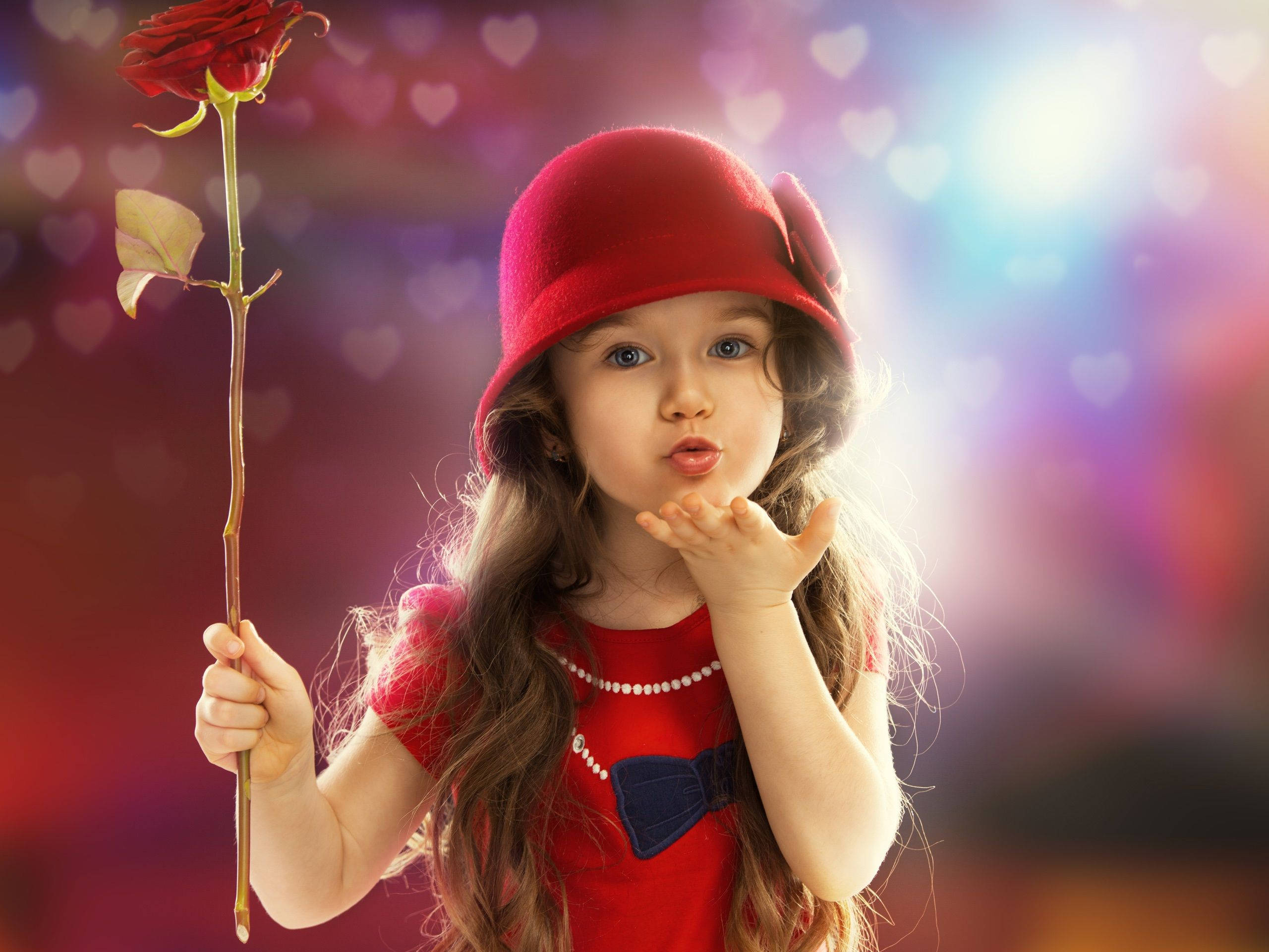 Baby Girl, red hat, red dress, 2K Desktop Wallpaper