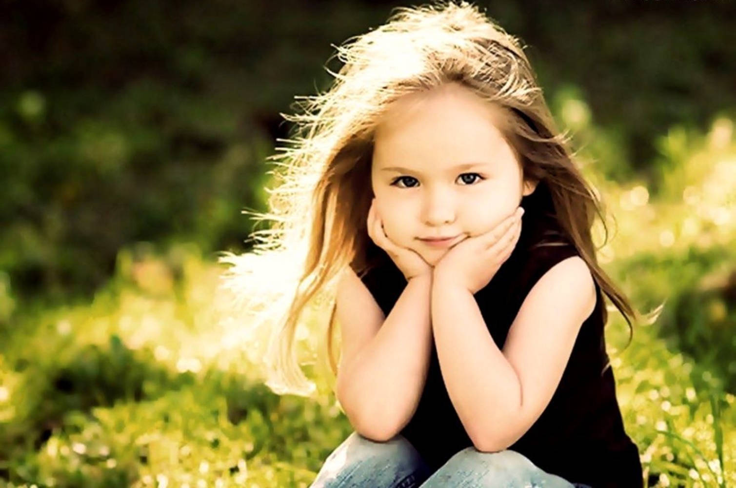 Baby Girl, golden hair, sunlit grass, HD Desktop Wallpaper