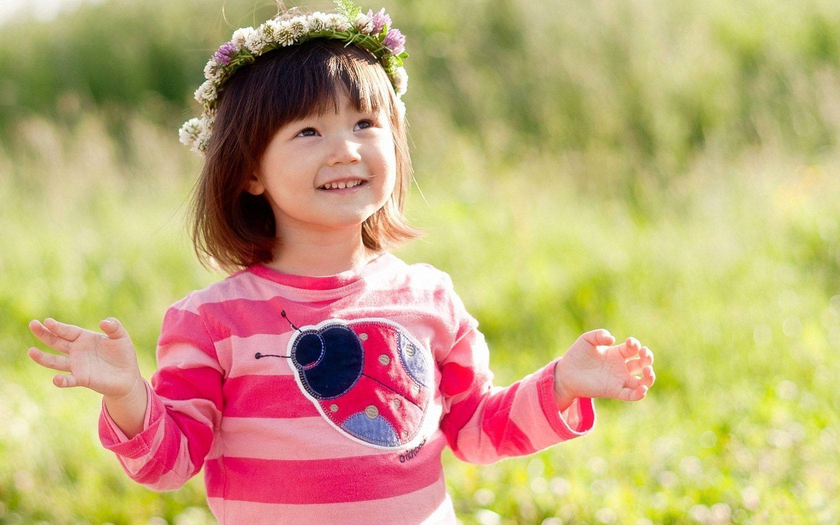 flower crown, pink striped shirt, ladybug patch, HD Desktop Wallpaper