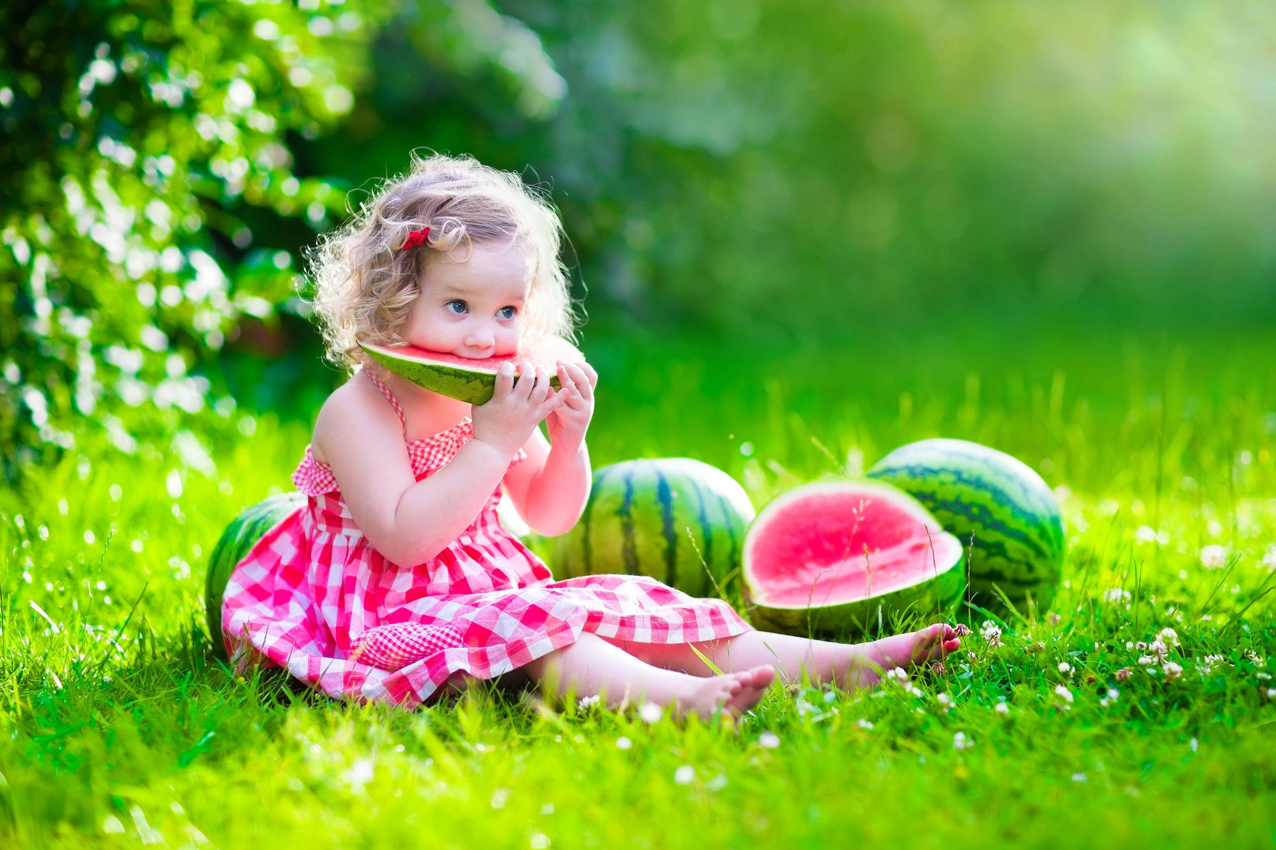 Baby Girl, pink checkered dress, curly-haired toddler, 4K Desktop Wallpaper