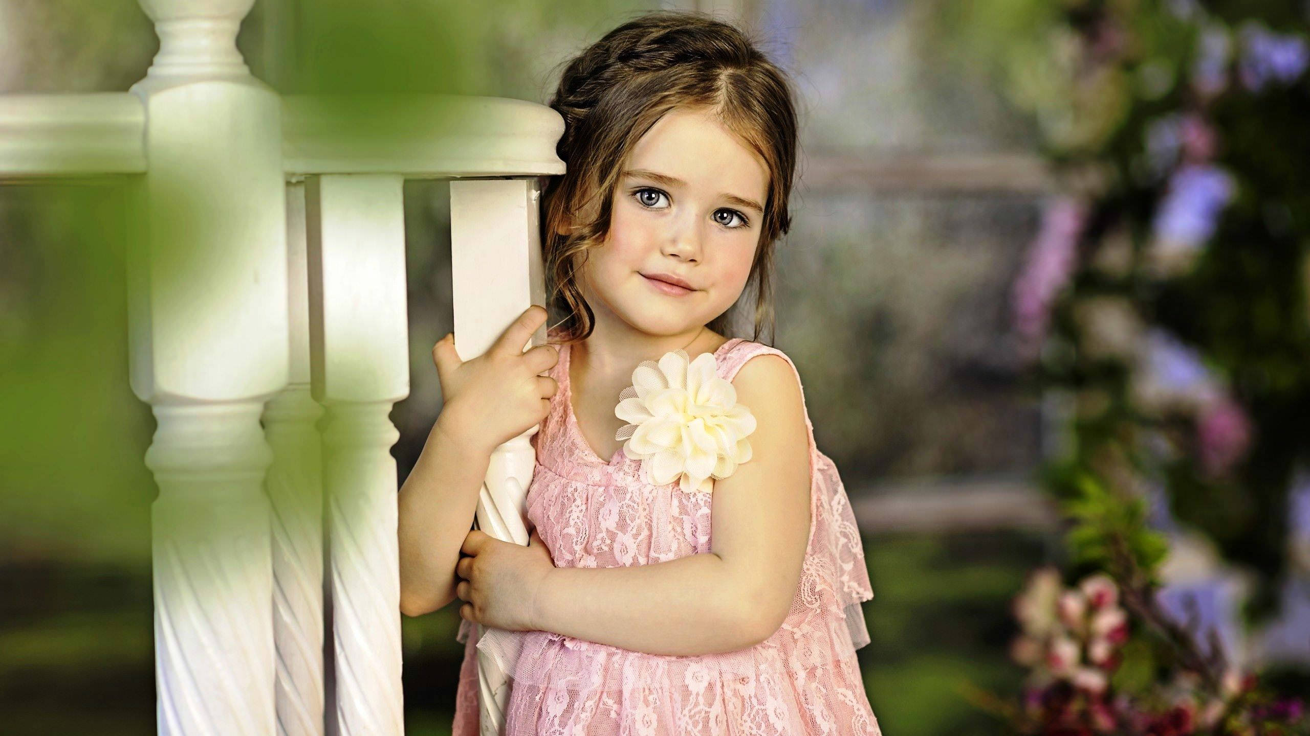 pink lace dress, white flower, white railing, 2K Desktop Wallpaper